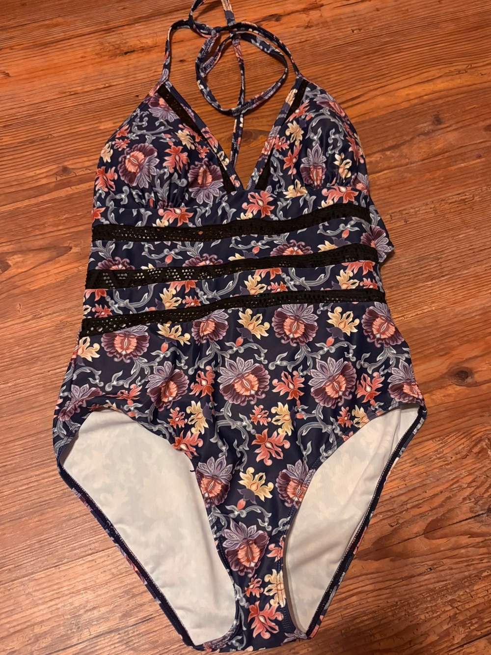 Floral Halter One-Piece Swimsuit in Navy with Pink & Peach Flowers